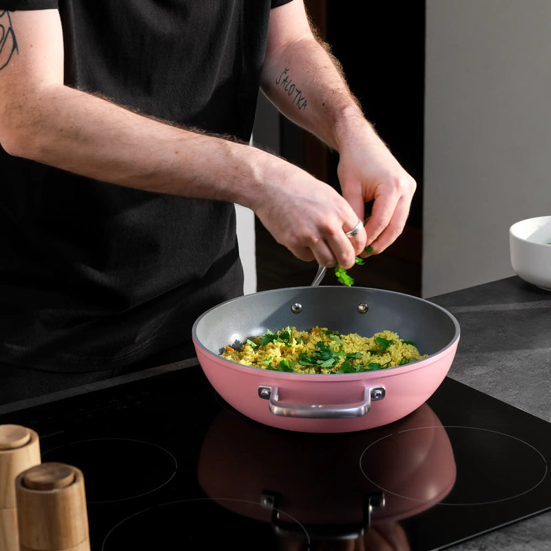 Wok panvica Meda 3.0, ø 28 cm - Nepriľnavá panvica s keramickým povrchom s pokrievkou, ružová