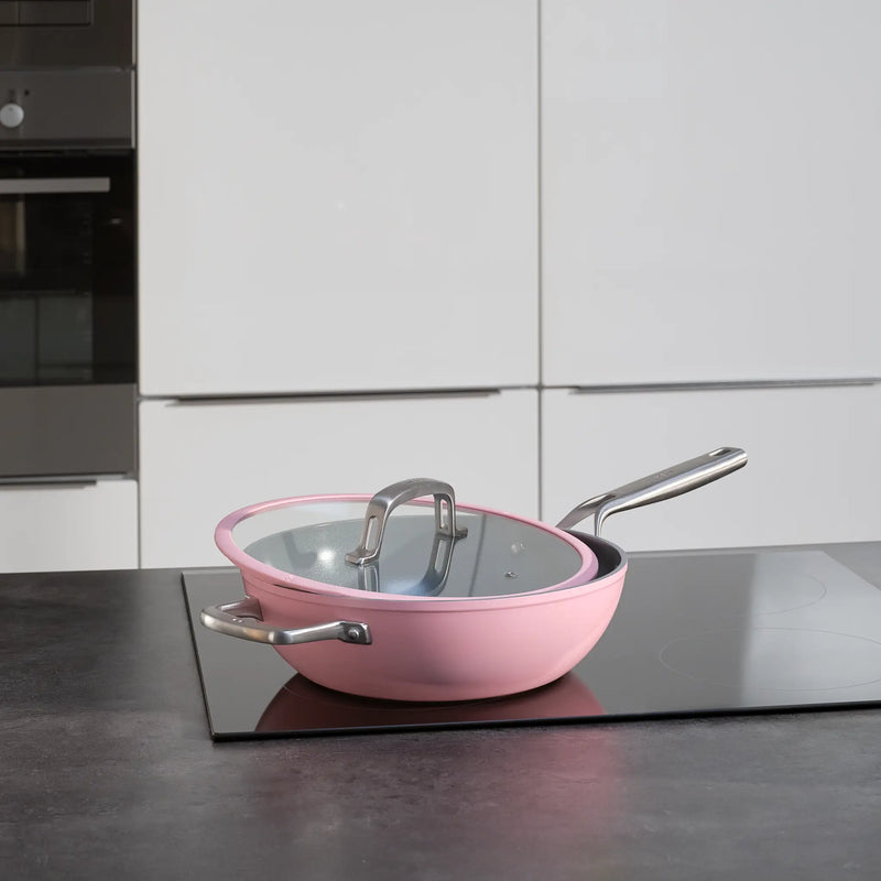 Wok panvica Meda 3.0, ø 28 cm - Nepriľnavá panvica s keramickým povrchom s pokrievkou, ružová