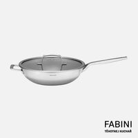 Wok panvica FABINI & Těhotnej kuchař, ø 30 cm - Nerezová beznitová panvica s hybridním povrchom z viacvrstvovej nerezovej ocele s pokrievkou
