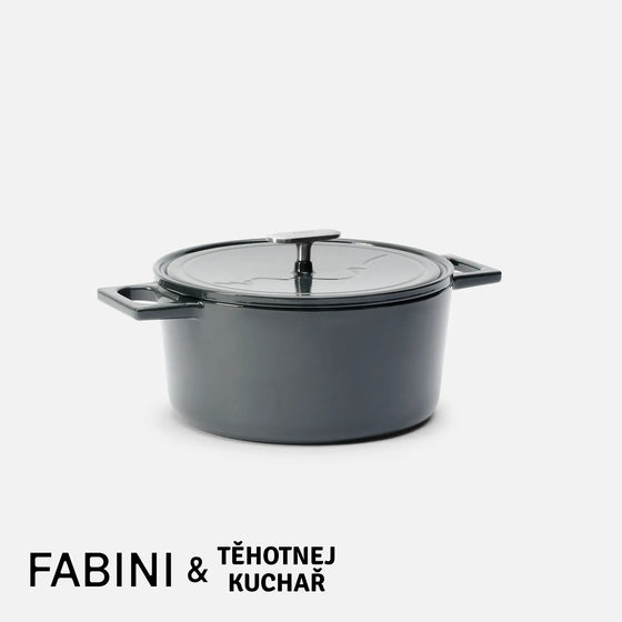 Kastról FABINI & Těhotnej kuchař, ø 26 cm (5,5 l) - Smaltovaný liatinový kastról s pokrievkou, sivý