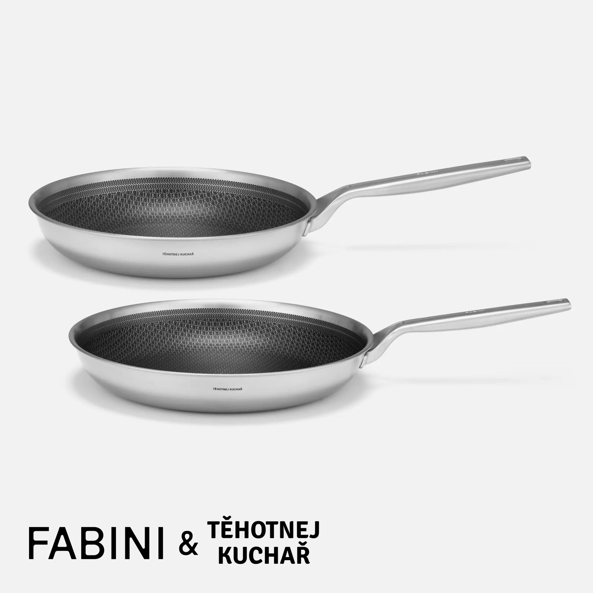 Sada panvíc FABINI & Těhotnej kuchař 2.0, ø 26 cm + ø 30 cm, 2 diely - Nerezové beznitové panvice s hybridným keramickým povrchom z viacvrstvovej nerezovej ocele