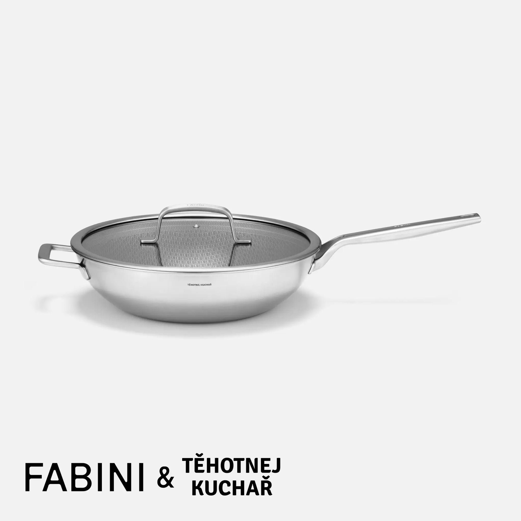 Wok panvica FABINI & Těhotnej kuchař 2.0, ø 30 cm - Nerezová beznitová panvica s hybridným keramickým povrchom z viacvrstvovej nerezovej ocele s pokrievkou.